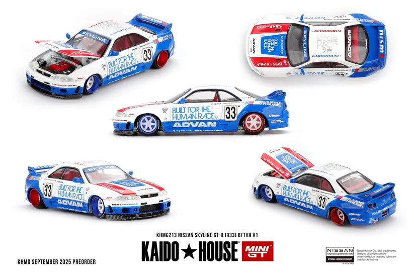 Kaido House x Mini GT Nissan Skyline GT-R (R33) BFTHR V1 - White w/ Blue Two-tone#213