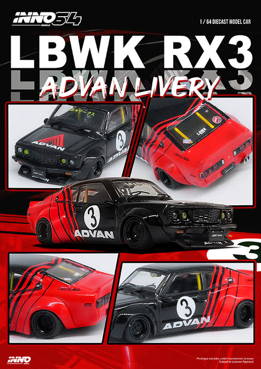 INNO64 1:64 Mazda RX-3 Savanna LBWK in Advan Livery