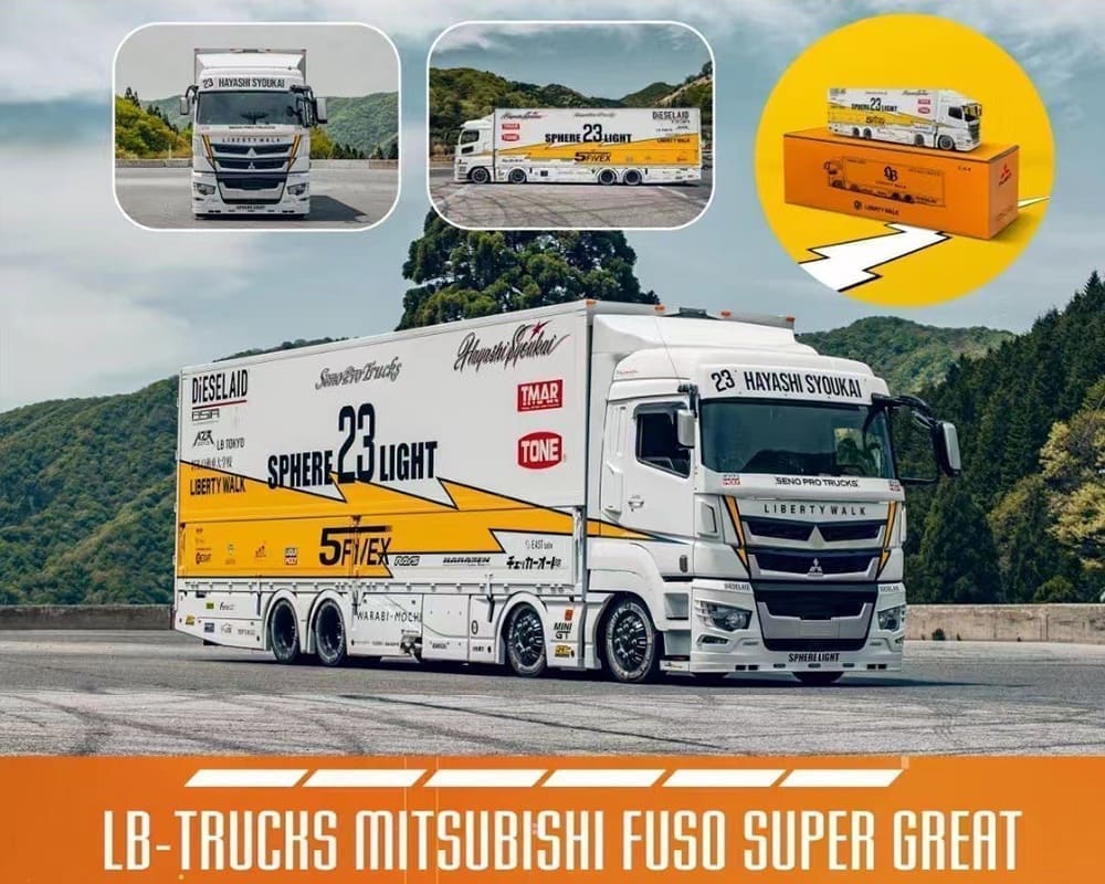 GCD 1:64 Liberty Walk LB-Trucks Mitsubishi Fuso Super Great Transporter Sphere 23 Light – White