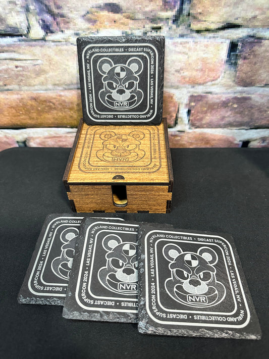 NVRLand Collectibles set of 4 slate coasters in a bamboo collectors box